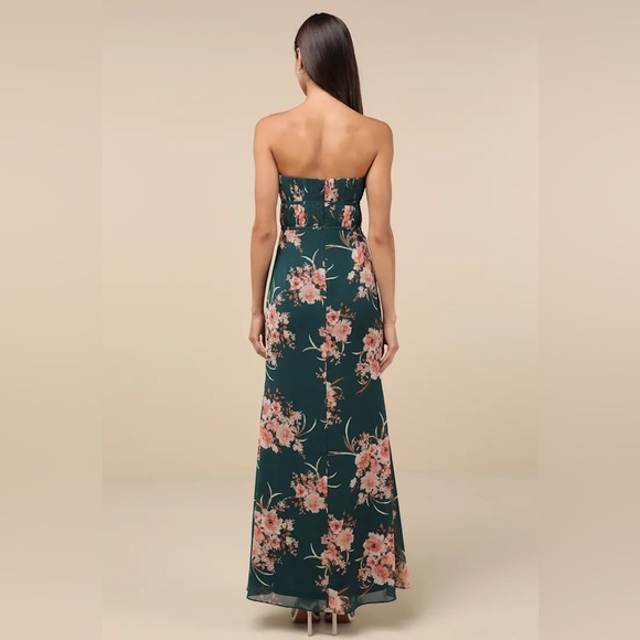 Lulus Enchanting Garden Emerald Floral Cutout Bow Strapless Maxi Dress - Picture 5 of 12